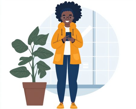 remote work digital locations lifestyle nomad concept. A woman in a yellow jacket stands with a phone beside a potted plant.
