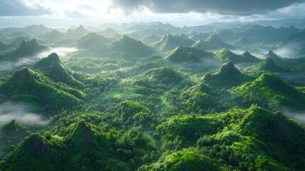 Fototapeta premium Lush green mountainous landscape under cloudy sky.