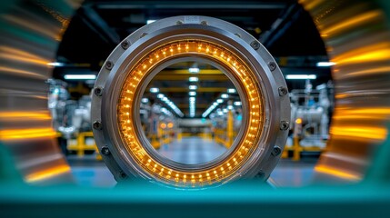Obraz premium An industrial valve in focus, with pipes leading into a chemical plant, representing the flow control of chemicals for safe and efficient production operations.