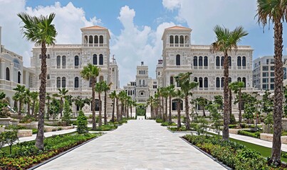 Mediterranean resort walkway with palm trees, white buildings, and landscaped gardens
