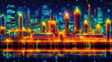 Detailed oil and gas production line icons, including tankers, pumps, refineries, and machinery, designed to represent the various stages of oil and gas extraction and refining.