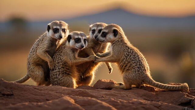 A group of meerkats huddling together at sunset in a natural landscape, showcasing their social behavior - Powered by Adobe