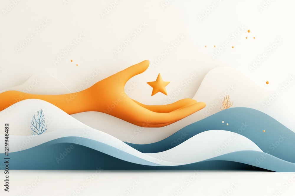 Poster a clean, modern design of a hand holding a small star, rendered in soft gradients of gold and blue, 