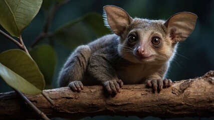 Close-up of a curious marsupial perched on a branch in a lush forest environment
