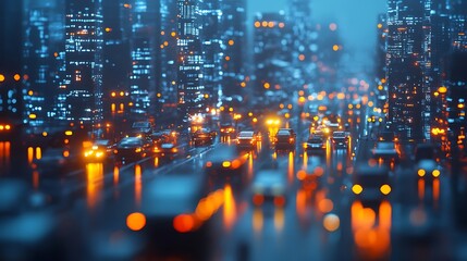 Fototapeta premium Evening traffic flow in urban cityscape modern environment night view