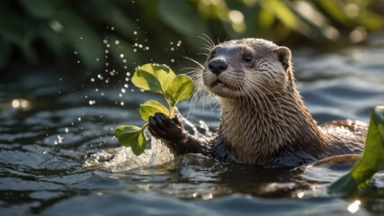 Fototapeta premium Playful otter holding green leaves while swimming in a lush, vibrant waterway surrounded by foliage