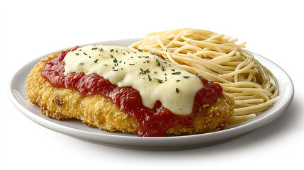 Delicious breaded chicken parmesan served with a side of spaghetti. A perfect Italian-American meal.