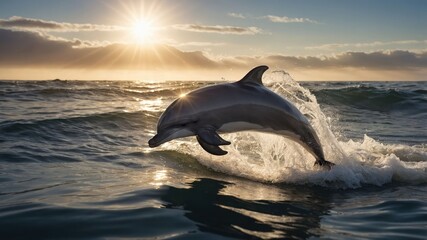 Obraz premium Dolphin leaping out of ocean waves at sunrise, with misty mountains in the background