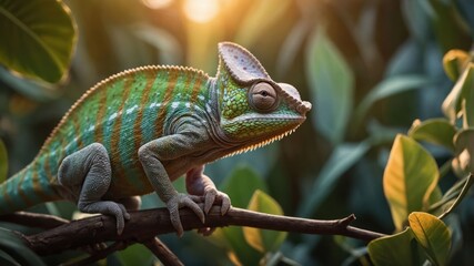 Vibrant chameleon perched on a branch amidst lush greenery during sunset, showcasing nature's beauty