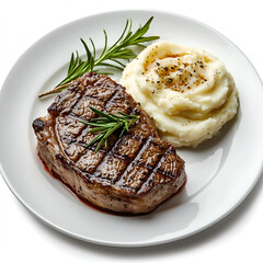 Grilled steak with creamy mashed potatoes and rosemary garnish. A delicious and satisfying meal.