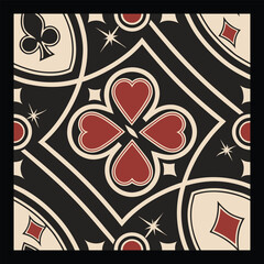 Luxurious Diamond Pattern Featuring Hearts, Spades, Clubs, and Geometric Art Elements. Vintage Card Symbol Pattern Design with Hearts, Spades, and Clubs in a Geometric Layout.