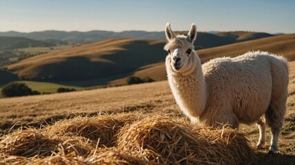 Fototapeta premium A serene llama stands beside a haystack in a sunlit field with rolling hills in the background