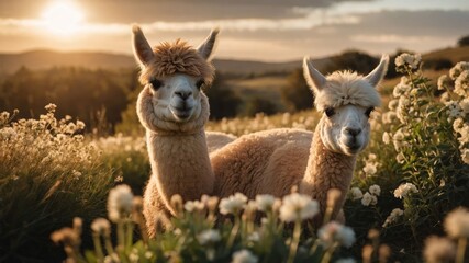 Fototapeta premium Two llamas peacefully grazing in a sunlit field surrounded by flowers during sunset