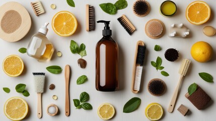 Arrangement of natural skincare products with citrus fruits and wooden tools on a white background
