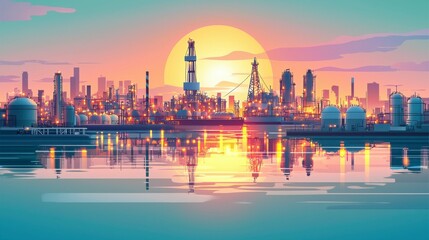 Obraz premium Oil and gas refinery silhouette icons including pipelines, storage tanks, rigs, and industrial production systems in vector style, ideal for showcasing the oil extraction industry.