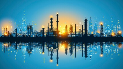 Fototapeta premium A professional vector set of oil industry silhouette icons featuring oil refineries, drilling rigs, pipelines, storage tanks, and other key elements of the petroleum sector.