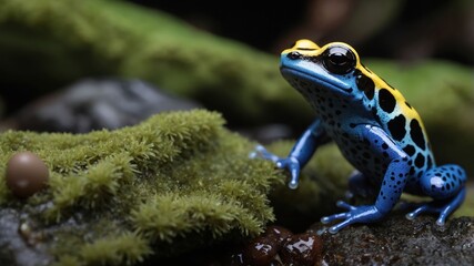 Fototapeta premium Colorful frog perched on mossy surface in a lush, vibrant rainforest setting, showcasing nature
