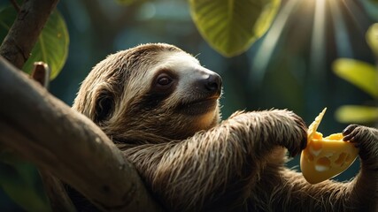 Fototapeta premium A sloth enjoying a slice of fruit while perched on a tree branch in a lush rainforest