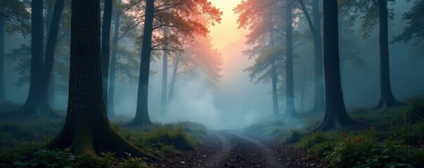 misty forest landscape with incense smoke wafting through trees, smoke, forest, incense