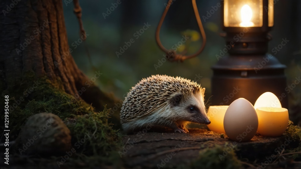 Poster a hedgehog exploring a serene forest setting with glowing candles and an egg near a lantern