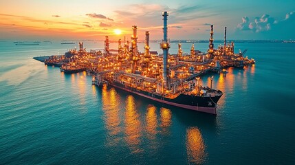 Fototapeta premium A high-quality aerial shot of an oil refinery in Southampton UK taken at dawn with sunlight reflecting off the structures and expansive refinery facilities visible from above.