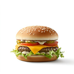 Juicy cheeseburger with sesame seed bun, lettuce, tomato, pickles, and melted cheese.
