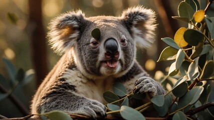 Fototapeta premium Close-up of a koala perched on eucalyptus branches, surrounded by a lush forest backdrop, enjoying its habitat