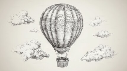 Nostalgic Journey: Detailed Sketch of Vintage Hot Air Balloon with Elegant Basket, Pencil-Drawn Clouds and Travel Motif