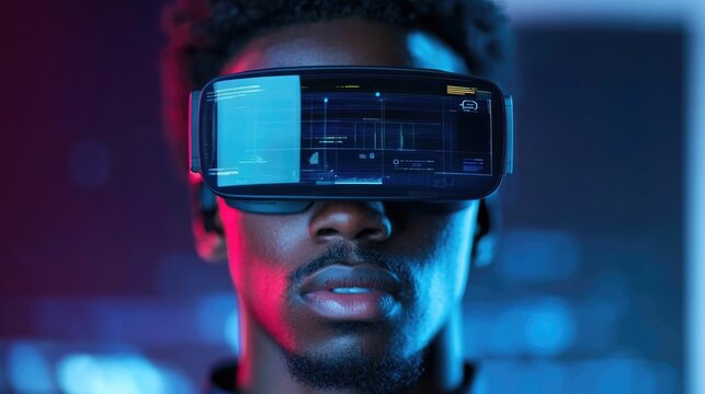 Urban office worker using advanced augmented reality glasses connected via 5G network showcasing a futuristic telecommunications and digital technology concept for the modern corporate workspace - Powered by Adobe