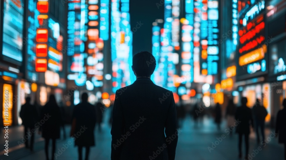 Poster bustling metropolitan cityscape at night with futuristic augmented reality overlays of interconnecte