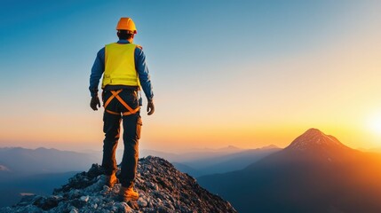 Lone telecommunications technician standing on a remote mountain peak carefully laying cables and infrastructure under the warm glow of the golden sunset