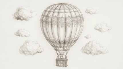 Hand-drawn Vintage Hot Air Balloon Sketch with Intricate Basket Design and Floating Clouds in Pencil Strokes - Travel Theme Illustration