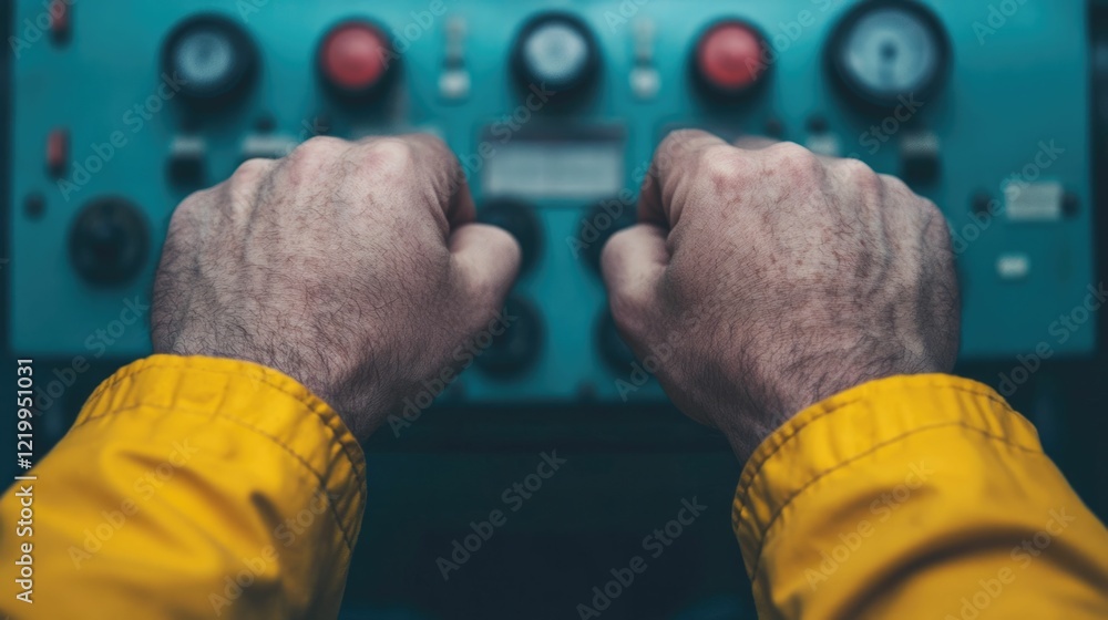Poster close up view of worker s hands operating a joystick in the cabin of a modern crane showcasing the p