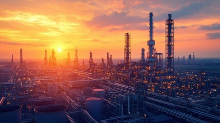 A sunrise aerial view of an oil refinery in Southampton UK, with refinery towers, storage tanks, and pipelines illuminated by the soft glow of the early morning light.