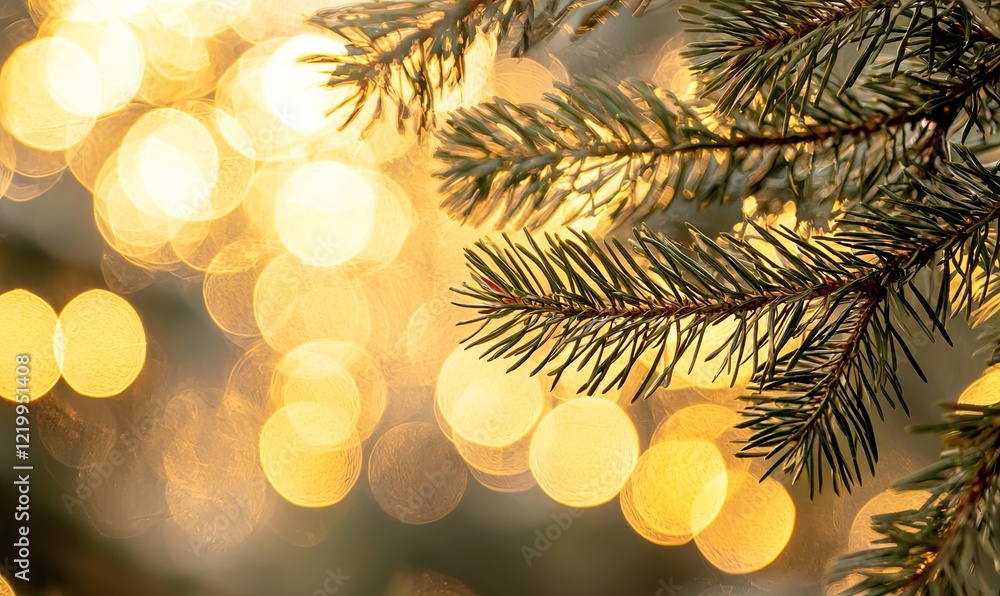 Poster pine branch with bokeh lights background for holiday themes