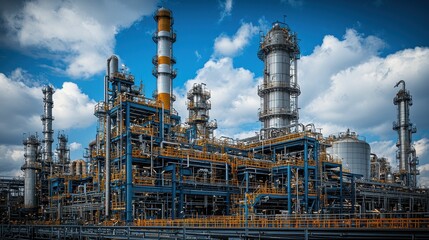 Fototapeta premium An industrial scene featuring oil refinery plant facilities, chemical factories, pipelines with valves, and large storage tanks in a vast oil and gas industrial zone.