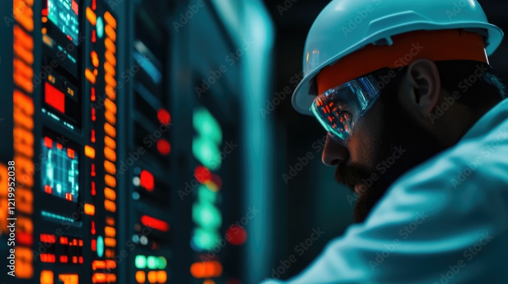 Poster engineer examining and monitoring control panels and industrial equipment in a steel mill facility s