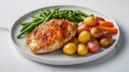 Roasted chicken breast with green beans and roasted potatoes. A healthy and delicious meal.