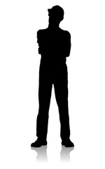 Silhouette of a Thoughtful Construction Worker in Safety Gear and Safety Glasses with Hand on Chin. Vector Flat Style Illustration Isolated On White