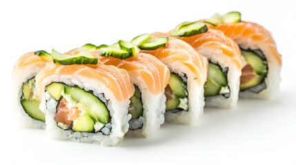 Delicious salmon sushi rolls with cucumber and avocado. Fresh and appetizing Japanese cuisine.