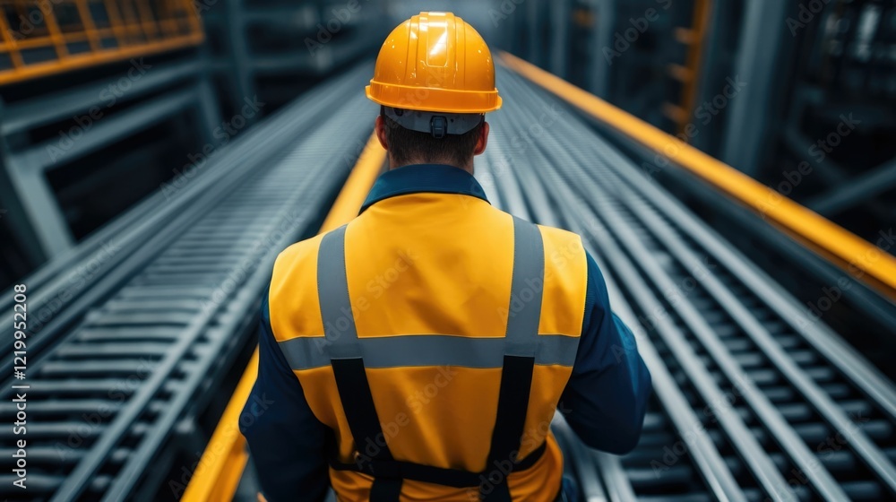 Poster worker using exoskeleton technology to lift and transport heavy materials efficiently in a futuristi
