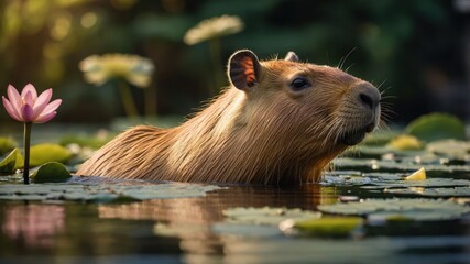 Capybara swimming gracefully among vibrant water lilies in a serene pond at sunset
