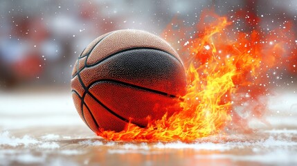 Fiery basketball on snowy court, winter game