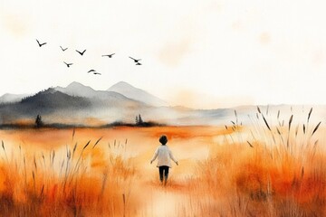 A delicate watercolor painting of a person standing in a golden meadow at sunset, their arms outstretched in a gesture of thankfulness, with soft, blended hues creating a serene atmosphere