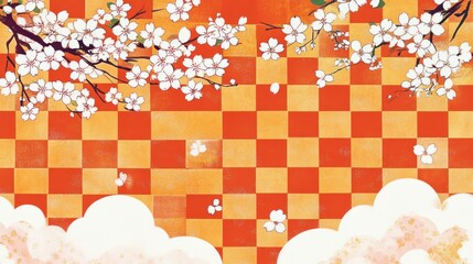 Cherry Blossom Branch Over Checkered Pattern: A Serene Japanese-Style Artwork