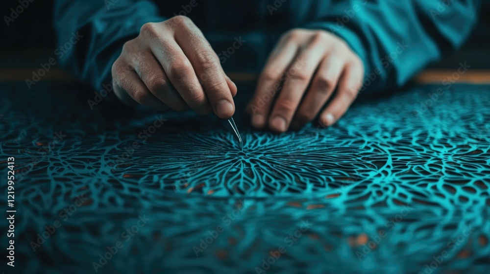 Poster technician operating a laser cutting machine to create an intricate geometric pattern on a metal sur