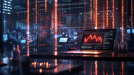 Data analysis event in high-tech office digital environment night view