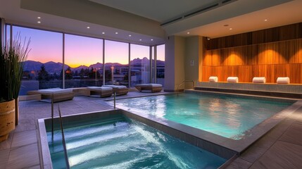 Luxury hotel indoor pool sunset view relaxation