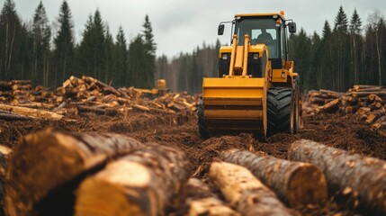 Heavy machinery operator operating a specialized tree harvester in a dense forest setting
