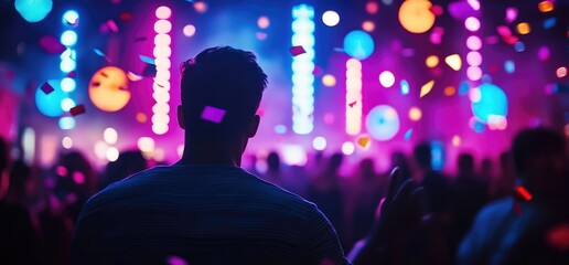 Man at concert, confetti falling, vibrant lights, energetic crowd